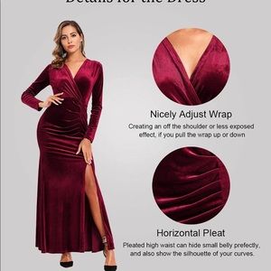 Long Sleeve, Burgundy, Wrap Velvet Long Formal Dress